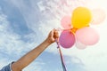 Hand holding colorful balloons. Royalty Free Stock Photo