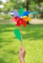 Hand holding colorful pinwheel in the garden Royalty Free Stock Photo