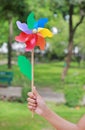 Hand holding colorful pinwheel in the garden Royalty Free Stock Photo