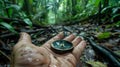 Hand Holding Compass in forest, pointing towards a direction in rainforest Royalty Free Stock Photo