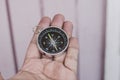 Hand holding compass over wooden wall