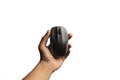 Hand holding computer mouse isolated on the white background.above view of computer mouse on white background. black and grey Royalty Free Stock Photo