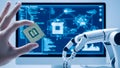 Hand Holding Computer Processor Chip with Robotic Arm and Digital Display Background computer chip Royalty Free Stock Photo