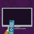 Hand Holding Computer Remote Control infront of Blank Wide Flat Color PC Screen. Creative Background Idea for Product