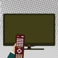 Hand Holding Computer Remote Control infront of Blank Wide Flat Color PC Screen. Creative Background Idea for Product