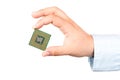 Hand holding CPU microchip computer isolated on white background