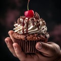 Hand holding a creamy chocolate cupcake with a juicy cheery on top over dark maroon background, close up. Hand holding cupcake.