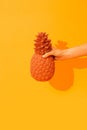 Hand holding creative pineapple on yellow background. Minimal. Stylish Still life