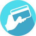 Hand holding credit card. Icon vector with long shadow. Flat design style Royalty Free Stock Photo