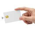 Hand holding a credit card with rfid chip isolated on white background Royalty Free Stock Photo