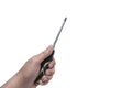 Hand holding cross head screwdriver on white backdrop. Automotive industry.