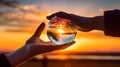 Hand holding a crystal ball with a sunset in the background, Generative AI illustrations Royalty Free Stock Photo