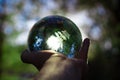 hand holding crystal ball with yellow trees and the sun on the b Royalty Free Stock Photo