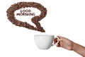 Hand Holding Cup and Coffee Bean Speech Bubble Royalty Free Stock Photo