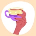 Hand holding cup of hot coffee. Cartoon hot drink, cocoa or coffee beverage, cappuccino cup in hand isolated flat vector Royalty Free Stock Photo