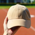 Hand Holding Dad Hat mockup With Baseball Field Background Mockup Dad Cap Mockup Beige baseball Hat Mockup, For Print On Demand