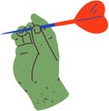 Hand holding dart with sharp tip. Tool for playing darts and throwing at target vector illustration