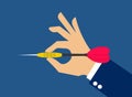 Hand holding darts arrow isolated on blue background. Vector ill