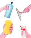 Hand holding a detergent, liquid, squeegee and sponge