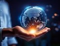 Hand holding digital globe surrounded by network connections