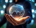 Hand holding digital globe surrounded by network connections