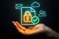 Hand holding digital icon of secure document with lock and checkmark security data Royalty Free Stock Photo