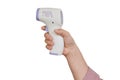 Hand holding digital infrared thermometer thermometer gun Isolated on white Royalty Free Stock Photo