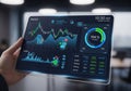 Hand holding a digital tablet displaying financial data with graphs charts and percentages in a modern office setting Royalty Free Stock Photo
