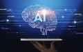 Hand holding digital tablet with human brain proection Royalty Free Stock Photo