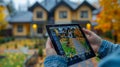 Hand holding digital tablet and looking at house efficiency rating. Detail of house efficiency rating on digital tablet Royalty Free Stock Photo