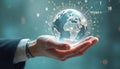 Hand holding digital world globe. Binary code connection lines represent global network. Concept blockchain tech, cryptocurrency Royalty Free Stock Photo