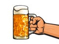 Hand holding dimpled Oktoberfest glass mug full of beer. Vector illustration in retro style isolated on white background