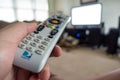 Hand holding DirecTv remote pointing at TV