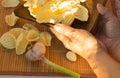 Hand holding dish with potato chips on the background of sunlight Royalty Free Stock Photo