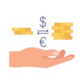 Hand holding diverse pile of coins, unity of euros and dollars in financial harmony