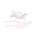 Hand holding DNA helix. Genetic scientific heredity and genotype research.