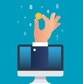 Hand holding dollar coin through computer vector illustration, business concept Royalty Free Stock Photo