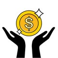 Hand holding dollar gold coin. vector illustration Royalty Free Stock Photo