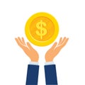 Hand holding dollar gold coin. vector illustration Royalty Free Stock Photo