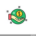 Hand holding dollar ,save money icon, salary money, invest finance, line symbols on white background. Royalty Free Stock Photo