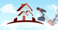 Hand holding drill machine by house shape in sky Royalty Free Stock Photo