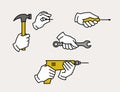 Hand holding drill, spanner, screwdriver, hammer and nail