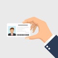 Hand holding driver license icon in flat style. Identification document vector illustration on isolated background. Profile card Royalty Free Stock Photo