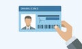 Hand holding Driver license. ID card. Identification card icon. Man and woman driver license card template. Royalty Free Stock Photo