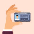 Hand holding driver license with male photo. Flat design style m