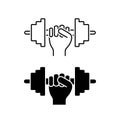 Hand holding dumbbell icon vector illustration set. Gym sport fitness equipment pictogram on white
