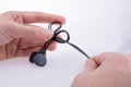 Hand holding earphone Royalty Free Stock Photo