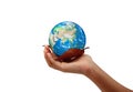 Hand holding the earth on dry leaf save the earth concept. Royalty Free Stock Photo