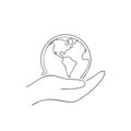 Hand Holding Earth Globe Continuous Line Art Drawing for Environmental Conservation Royalty Free Stock Photo