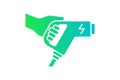 Hand holding electric charger connector green gradient icon. Electrical transportation energy charging plug symbol. Eco